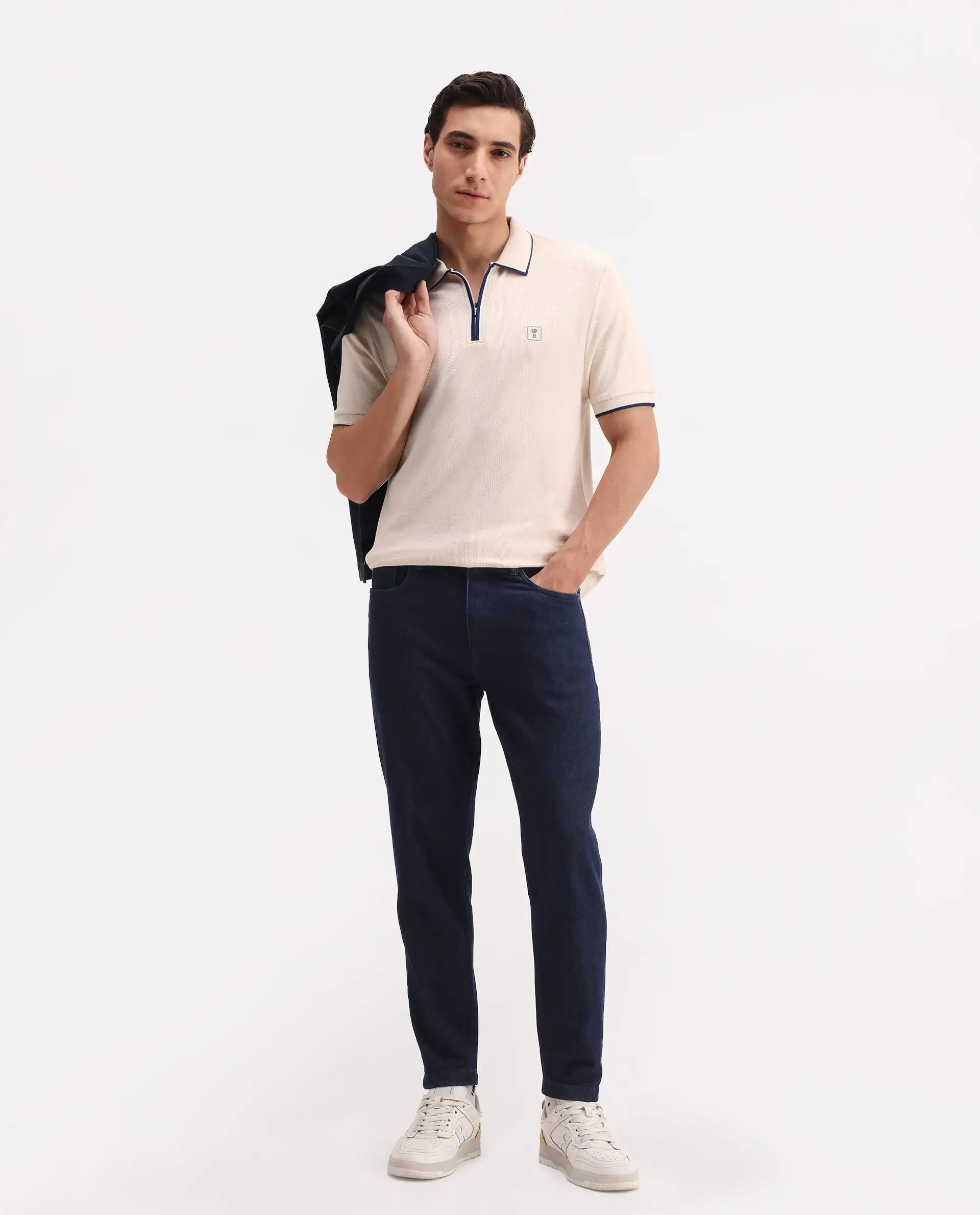 Rare Rabbit Men's Burrow Off White Cotton Plain Regular Fit Half Sleeve Polo