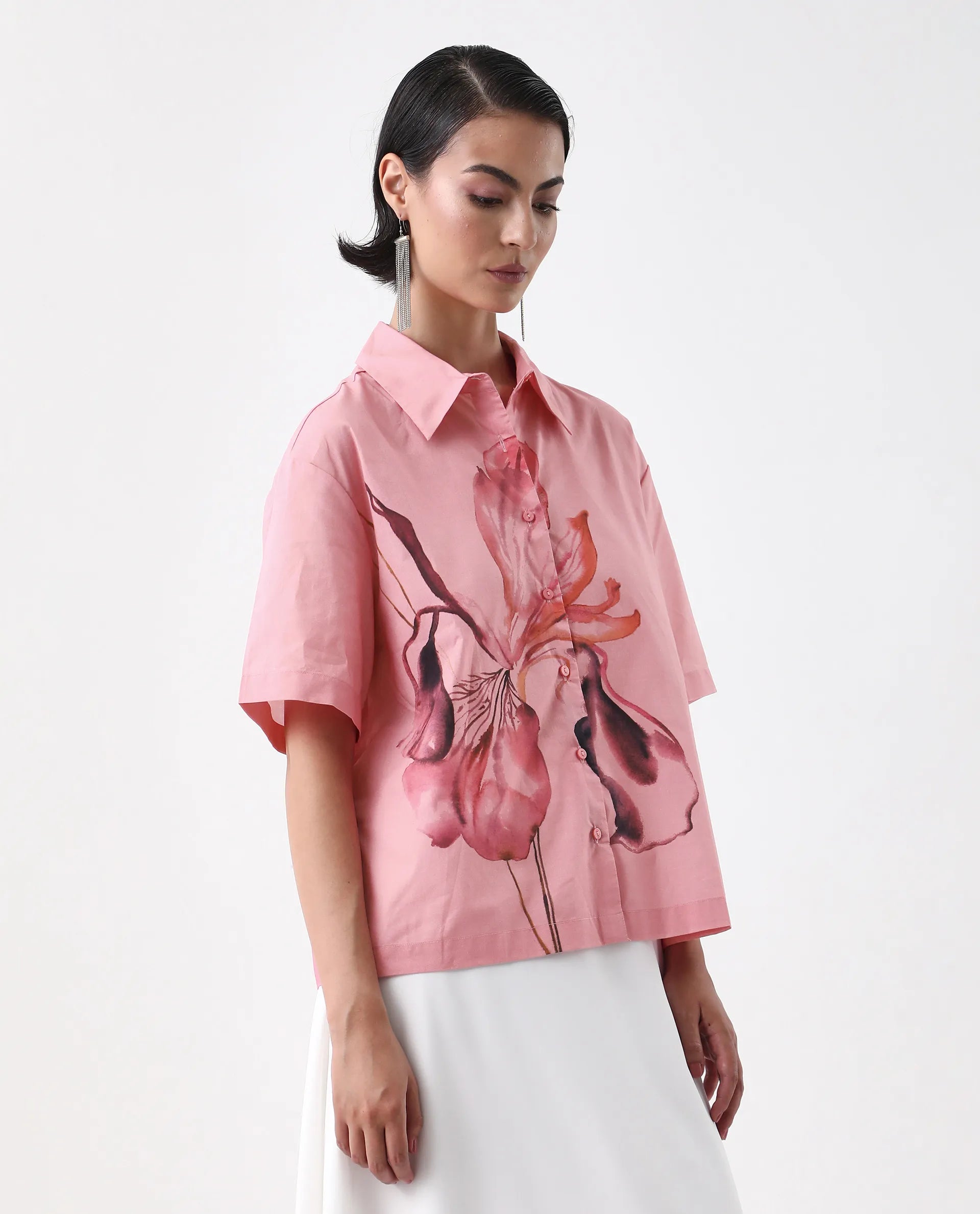 Rareism Women's Businge Dusky Pink Cotton Spread Collar Abstract Print Boxy Fit Shirt