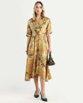 Rareism Women's Buzhip Multi Cotton Blend Drop Collar Floral Print Midi Fit And Flare Dress