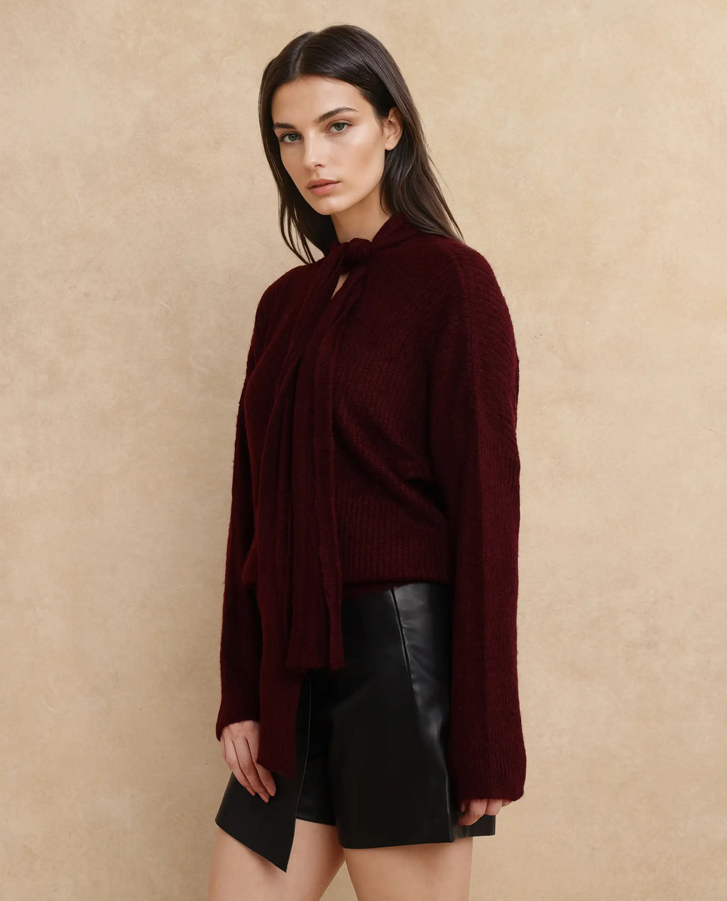 Rareism Women's Buzz Maroon Nylon Tie-Up Neck Plain Relaxed Fit Sweater