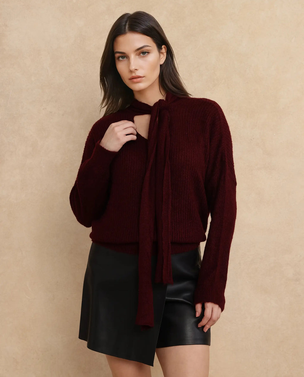 Rareism Women's Buzz Maroon Nylon Tie-Up Neck Plain Relaxed Fit Sweater