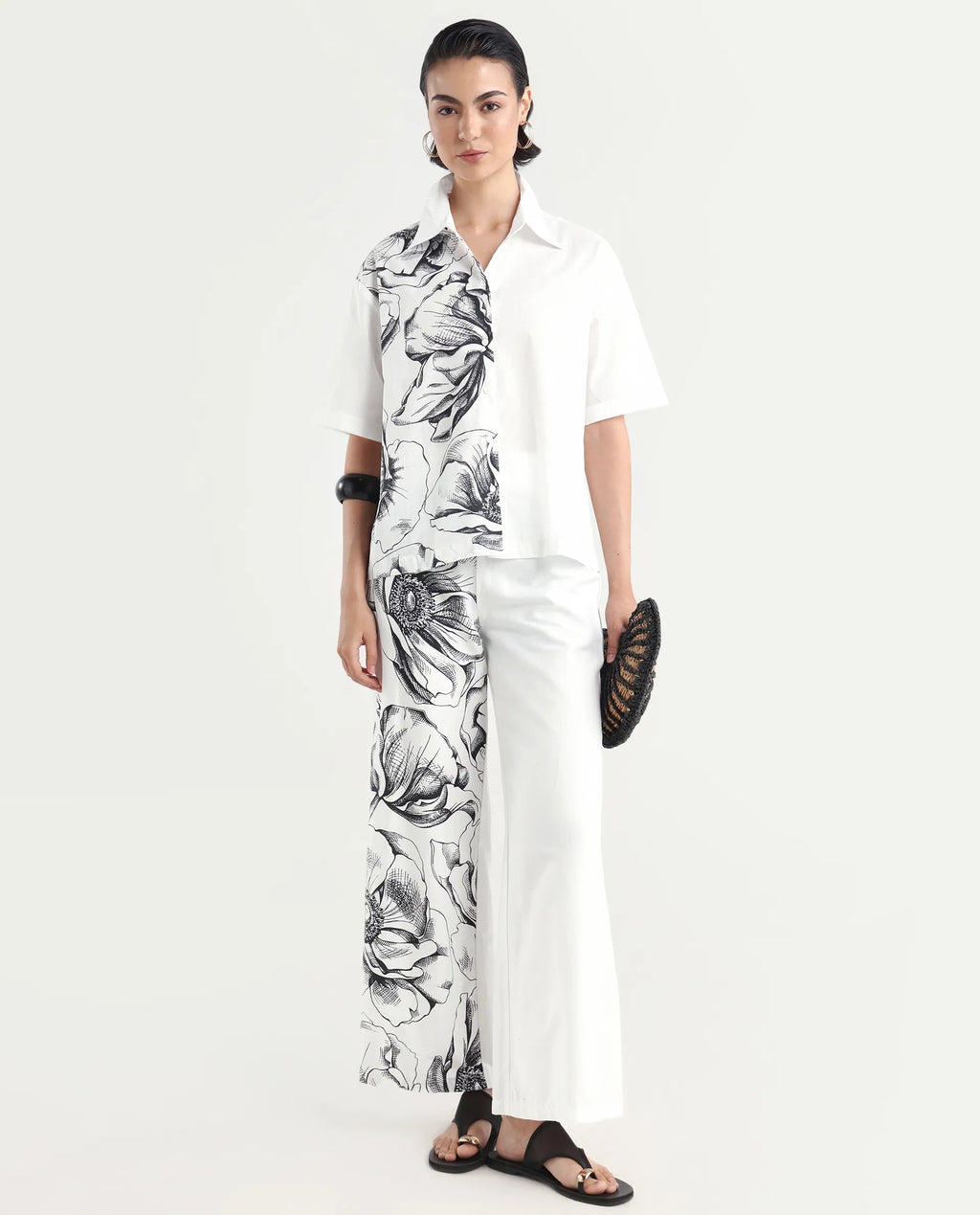 Rareism Women's Byvul White Cotton Spread Collar Floral Print Boxy Fit Shirt