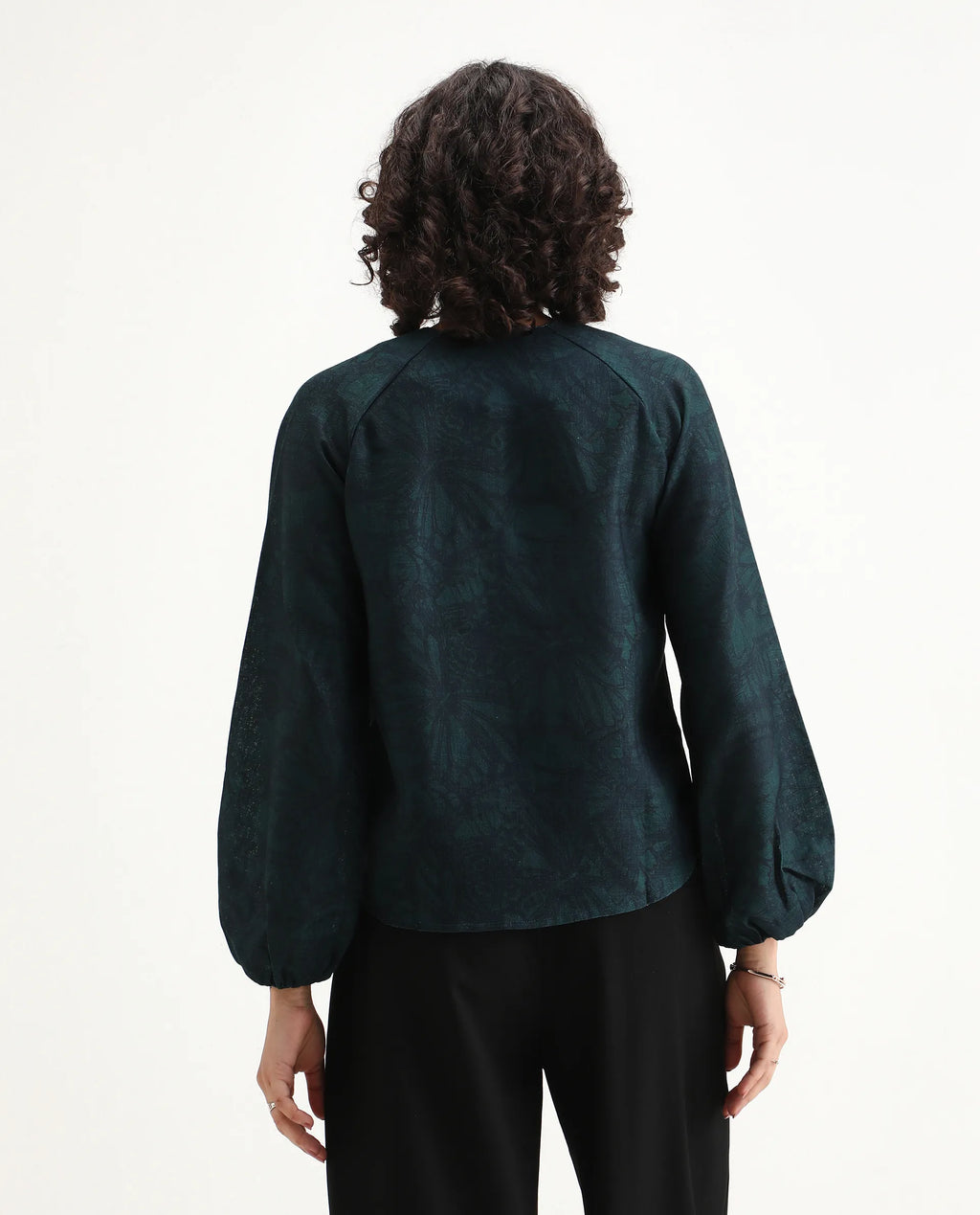 Rareism Women's Bhanism Teal Polyester Round Neck Abstract Print Bishop Sleeve Regular Fit Top