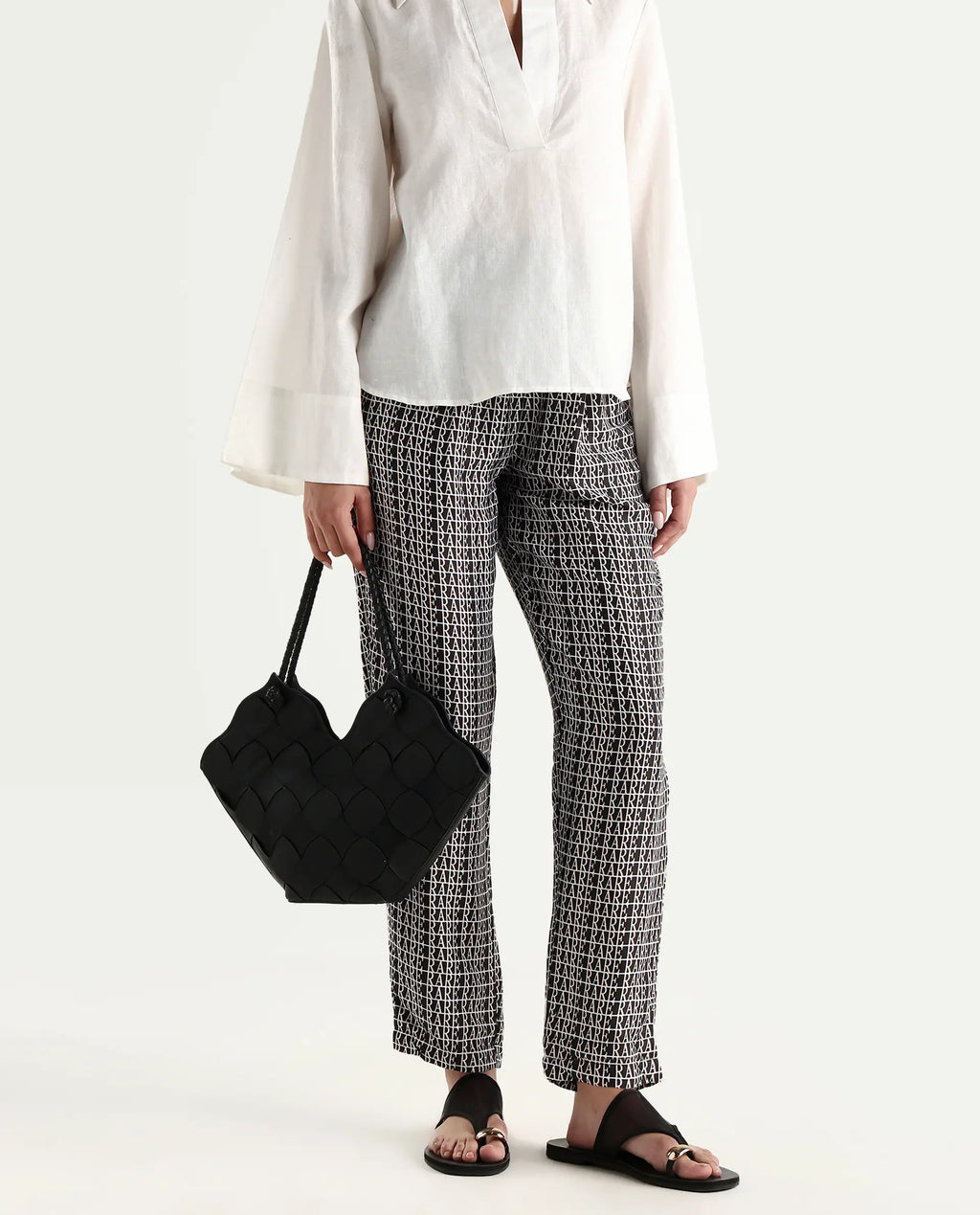 Rareism Women's Blakey Black Modal Blend Graphic Print Ankle Length Tailored Trouser