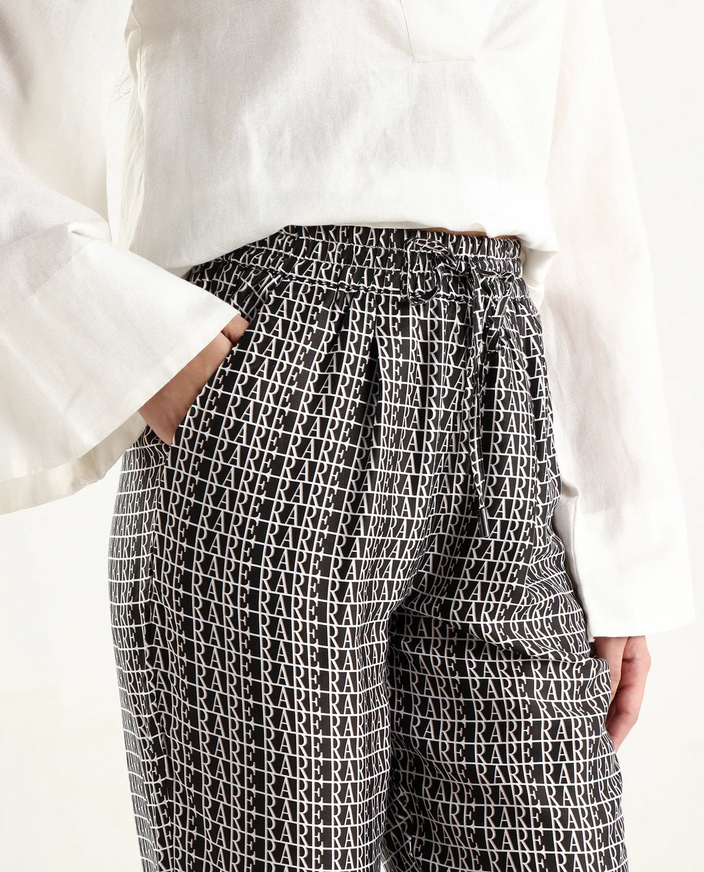Rareism Women's Blakey Black Modal Blend Graphic Print Ankle Length Tailored Trouser