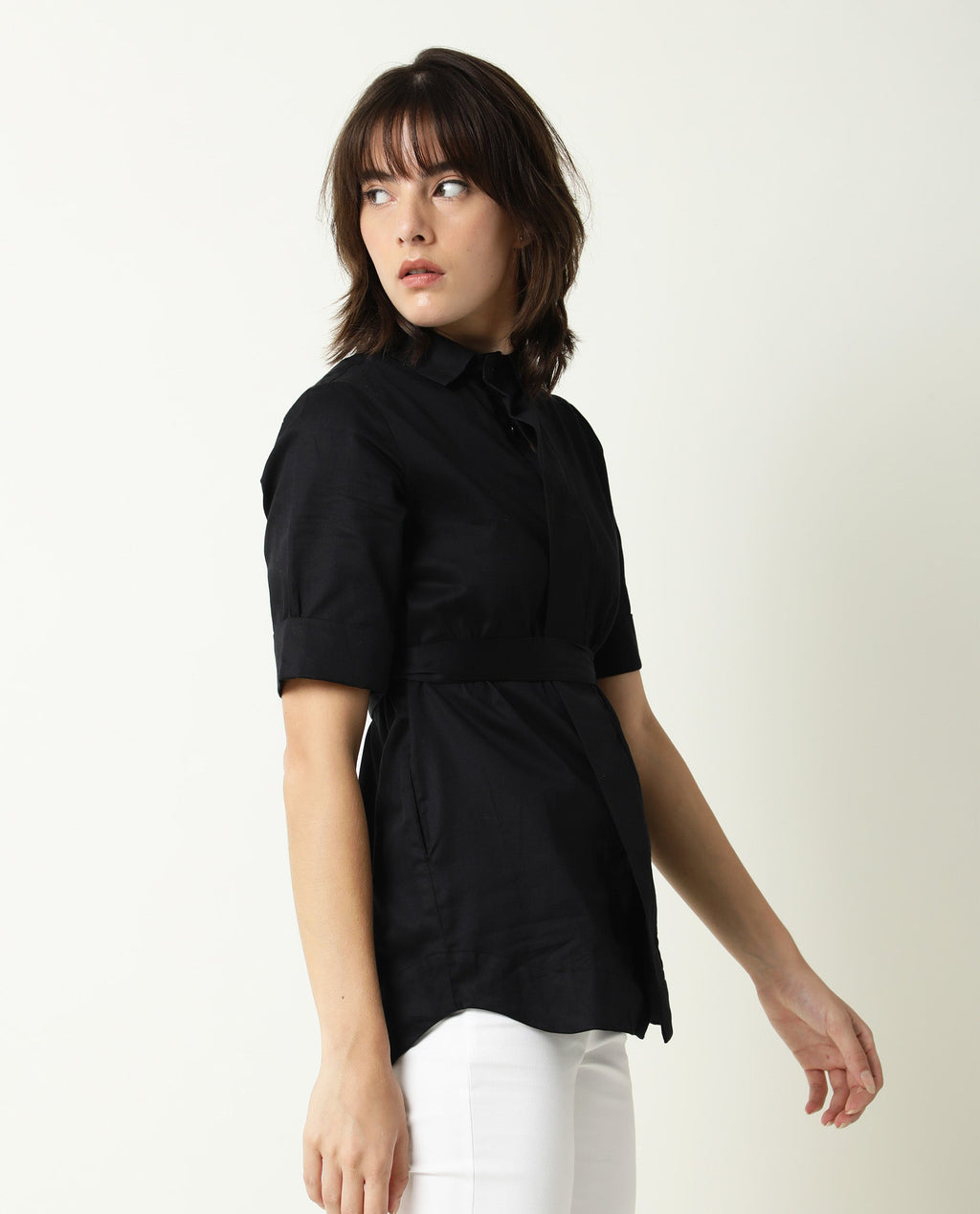Rareism Women's Glitter Black Spread Collar Plain Knee Length Relaxed Fit Top