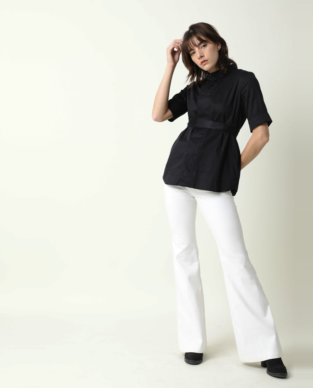 Rareism Women's Glitter Black Spread Collar Plain Knee Length Relaxed Fit Top