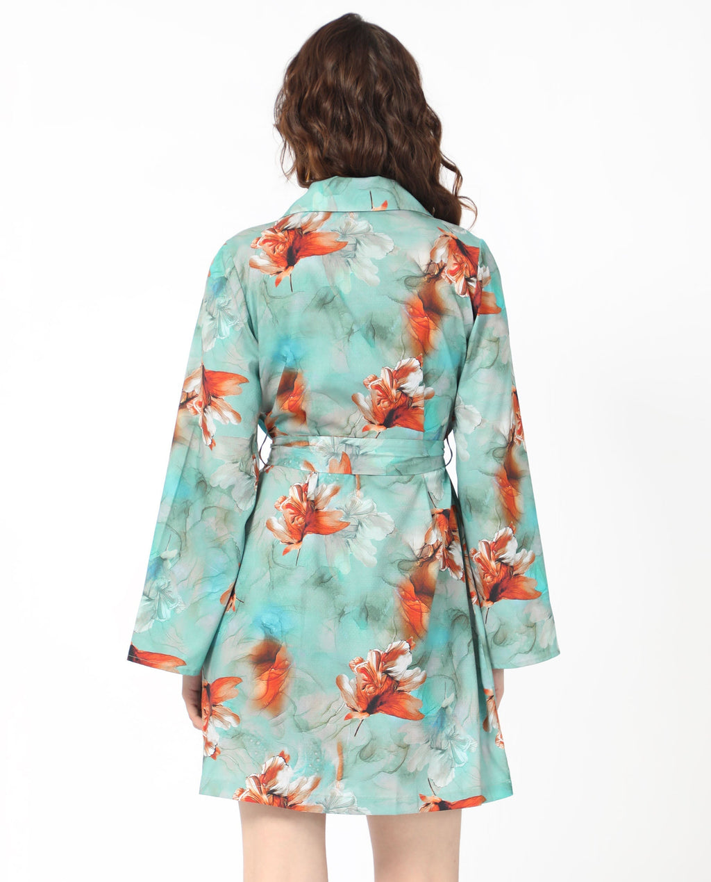 Rareism Women's Caden Blue Cotton Lapel Neck Abstract Print Bell Sleeve Mini Regular Fit Dress