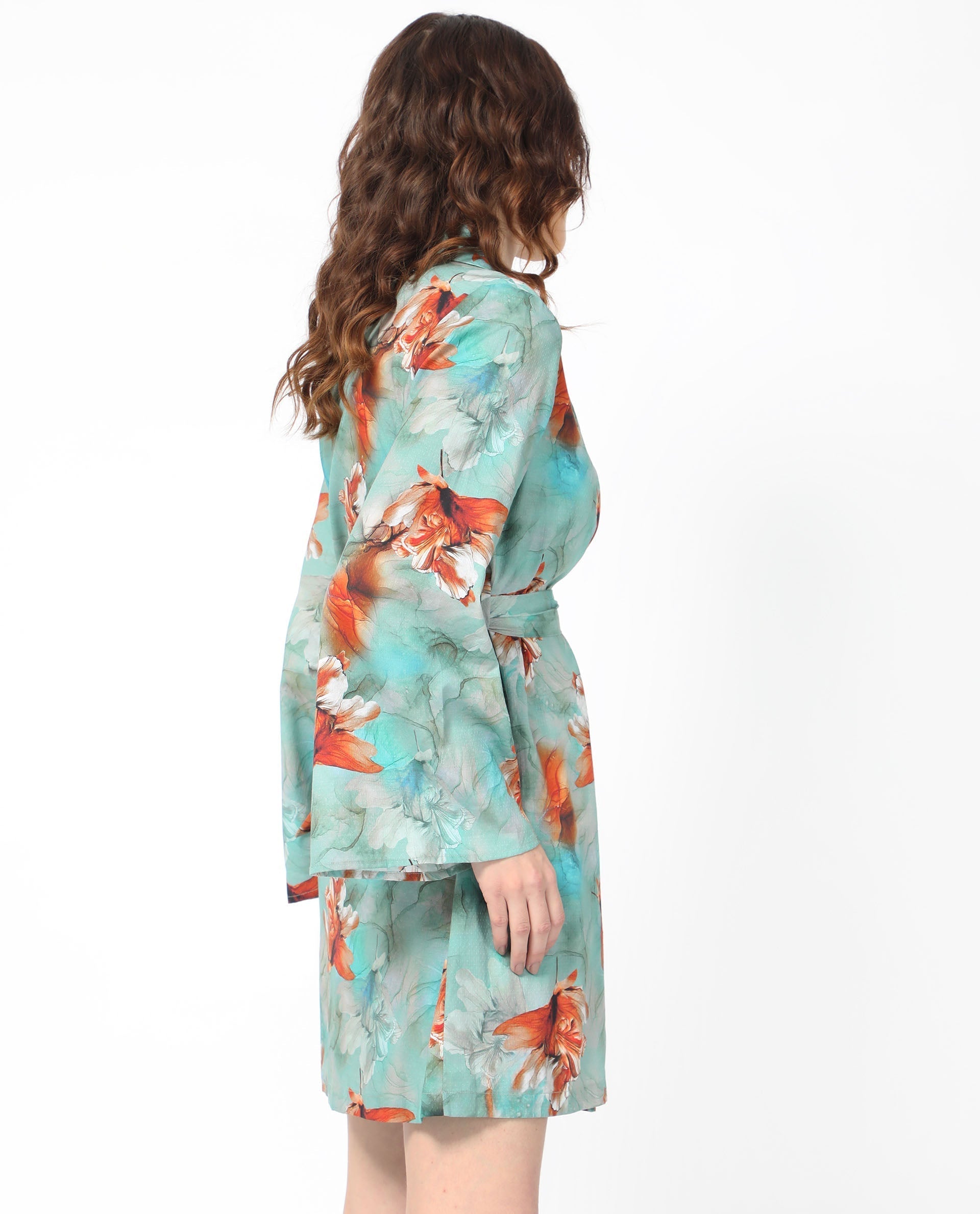 Rareism Women's Caden Blue Cotton Lapel Neck Abstract Print Bell Sleeve Mini Regular Fit Dress