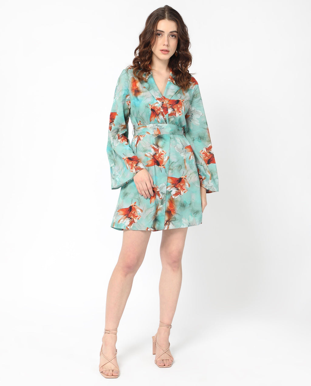 Rareism Women's Caden Blue Cotton Lapel Neck Abstract Print Bell Sleeve Mini Regular Fit Dress
