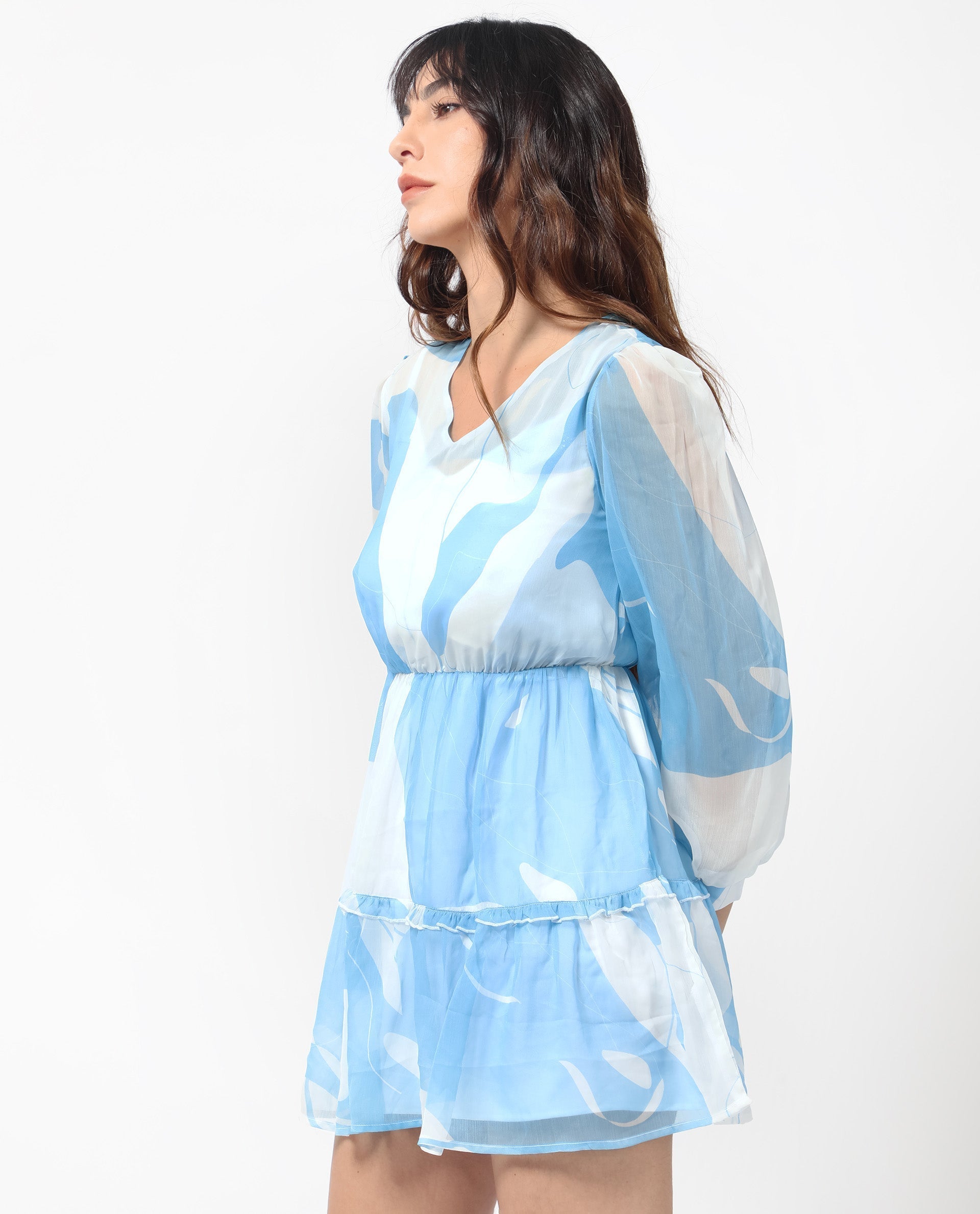 Rareism Women's Cadence Blue Polyester V-Neck Abstract Print Mini Regular Fit Dress