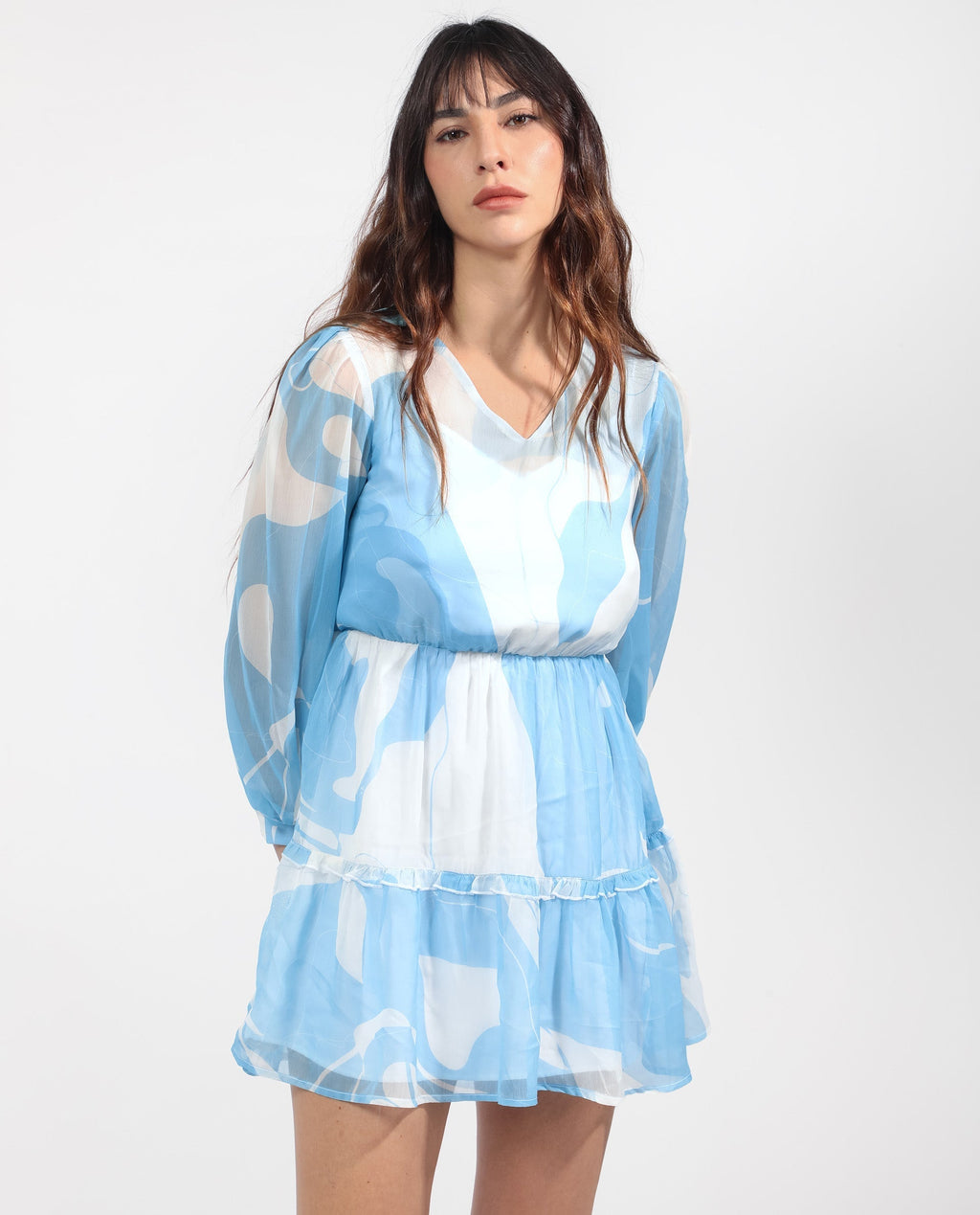 Rareism Women's Cadence Blue Polyester V-Neck Abstract Print Mini Regular Fit Dress