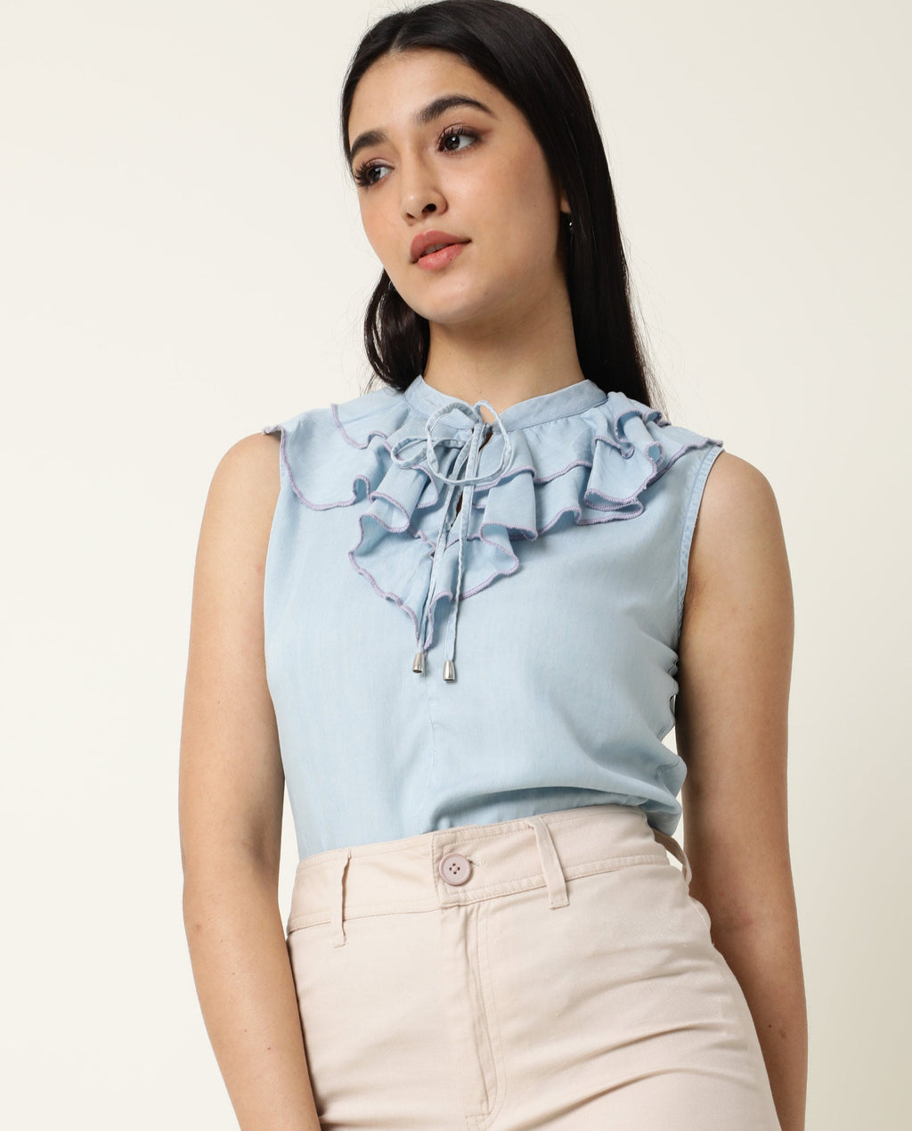 Rareism Women's Cage Blue Tencel Key Hole Neck Plain Sleeveless Tailored Top