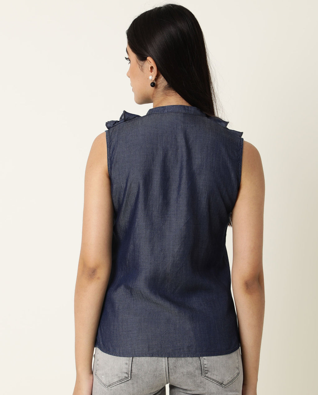 Rareism Women's Cage Navy Tencel Key Hole Neck Plain Sleeveless Tailored Top