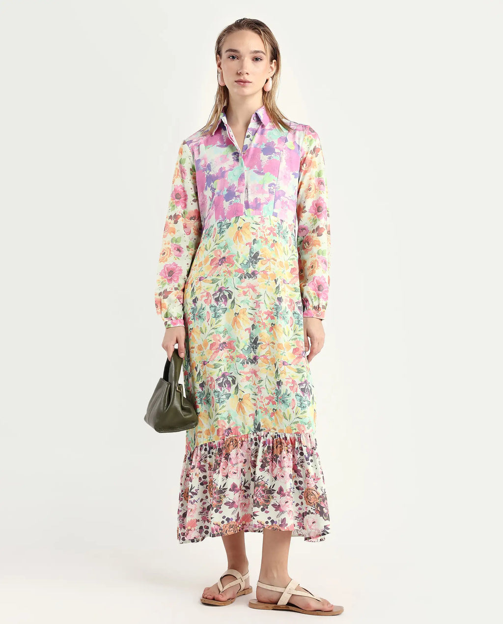 Rareism Women's Caliista Multi Viscose Spread Collar Floral Print Maxi Regular Fit Dress