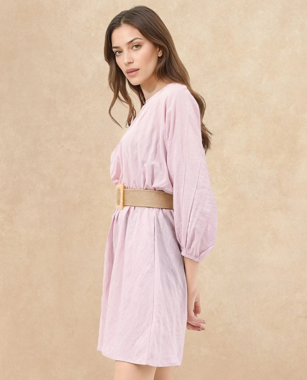 Rareism Women's Callahan Pastel Purple Rayon Crew Neck Plain Extended Sleeves Mini Fit And Flare Dress
