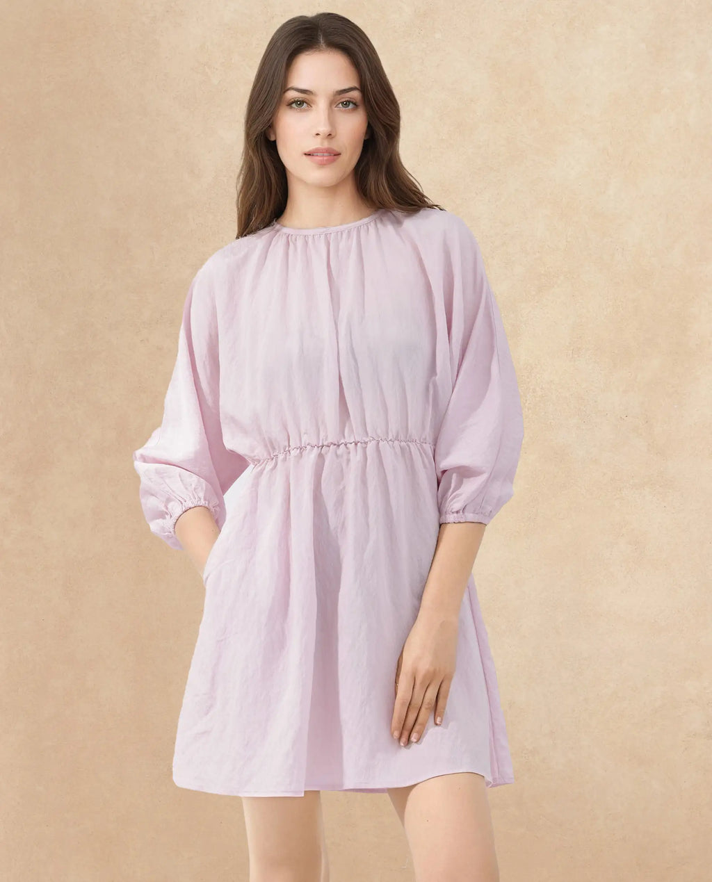 Rareism Women's Callahan Pastel Purple Rayon Crew Neck Plain Extended Sleeves Mini Fit And Flare Dress