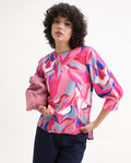 Rareism Women's Callisto Multi Mandarin Collar Abstract Print Cuffed Sleeve Regular Fit Top