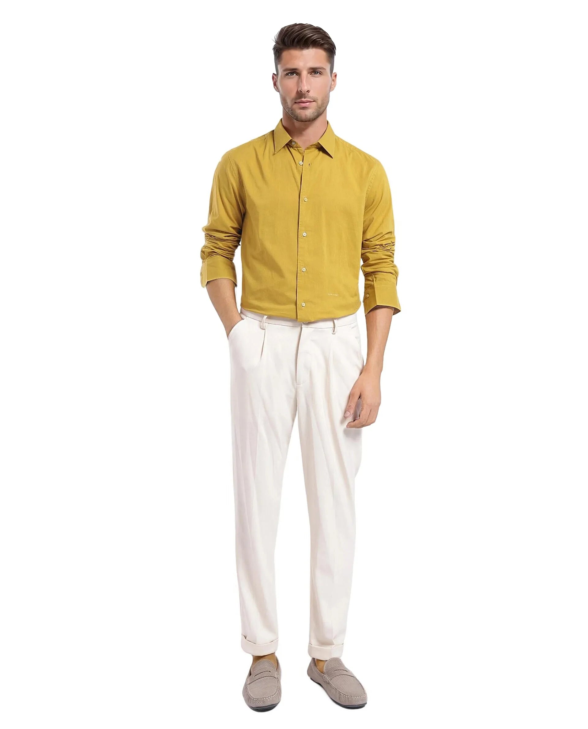 Rare Rabbit Men's Cambo-1 Mustard Cotton Plain Regular Fit Full Sleeve Collared Shirt