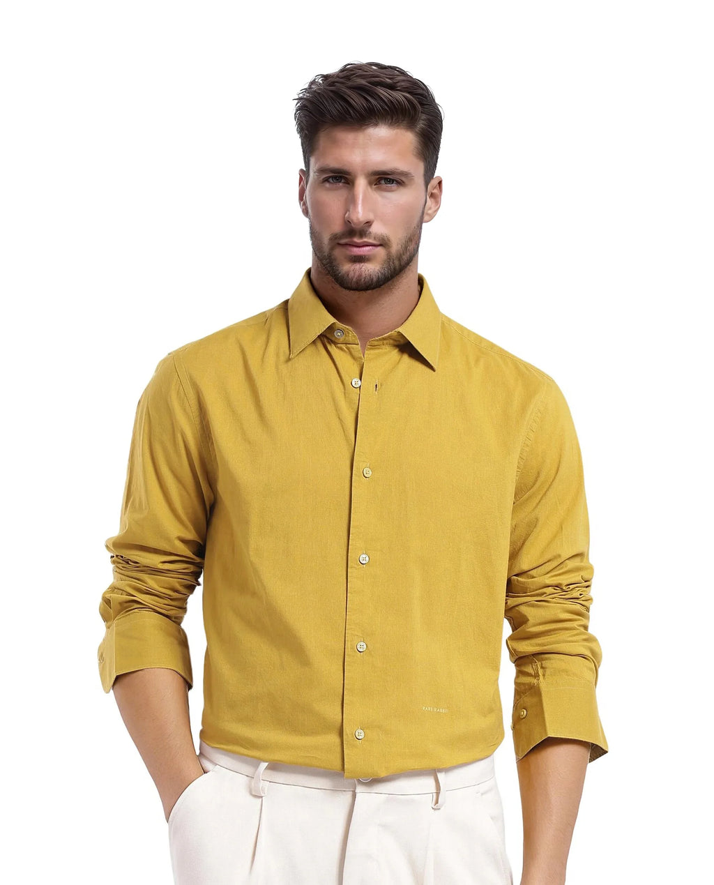 Rare Rabbit Men's Cambo-1 Mustard Cotton Plain Regular Fit Full Sleeve Collared Shirt