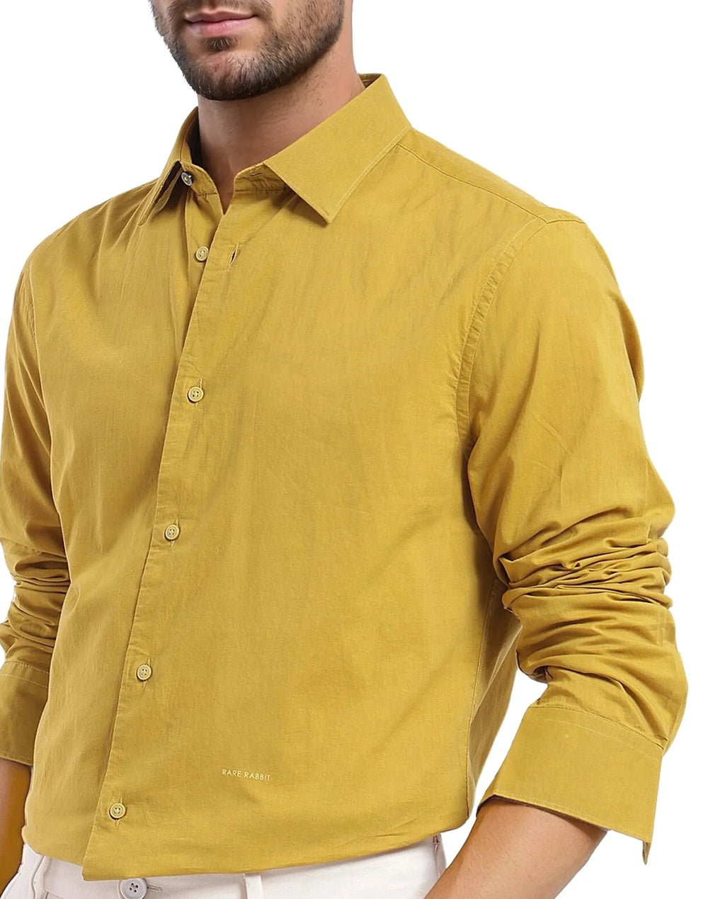 Rare Rabbit Men's Cambo-1 Mustard Cotton Plain Regular Fit Full Sleeve Collared Shirt