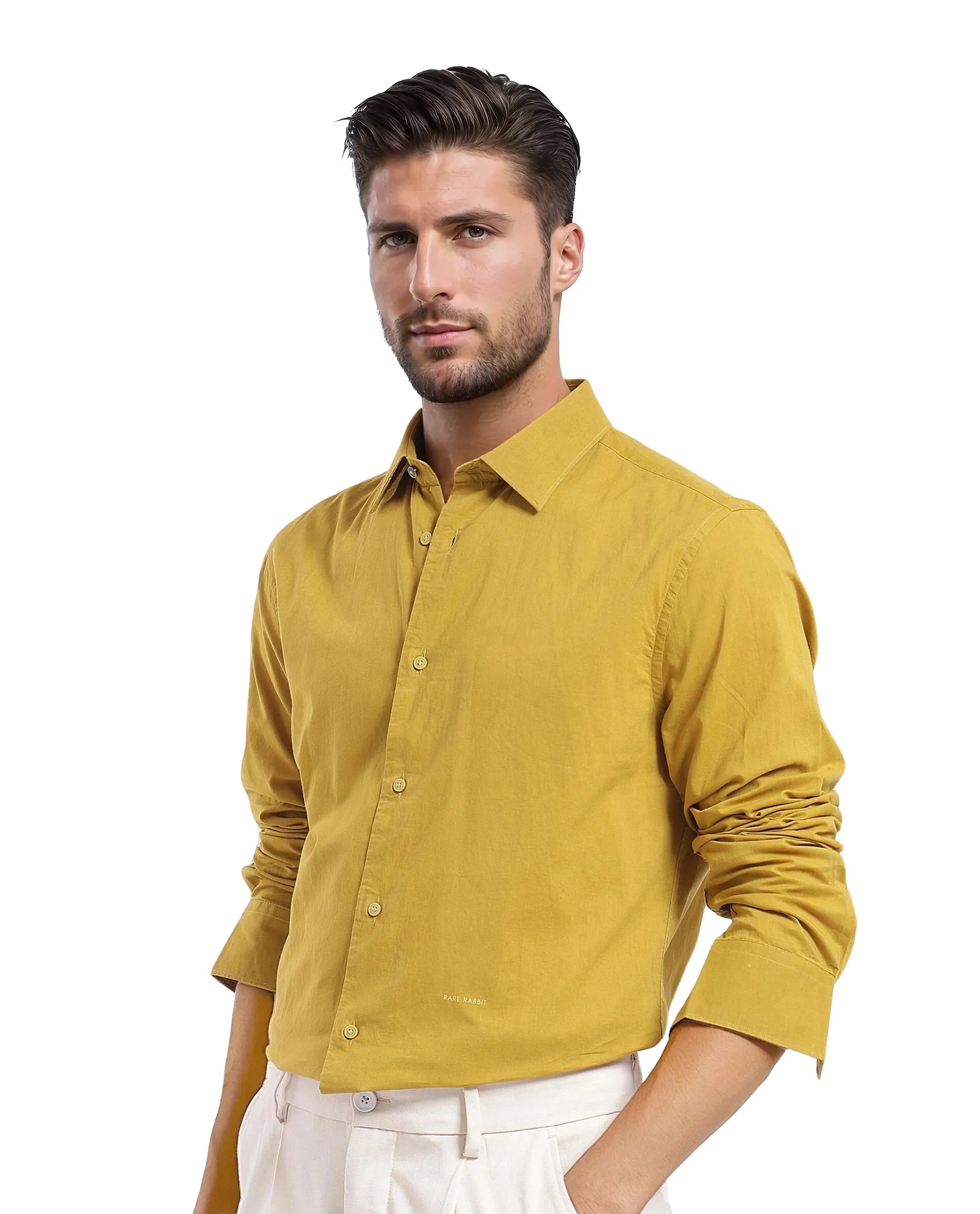 Rare Rabbit Men's Cambo-1 Mustard Cotton Plain Regular Fit Full Sleeve Collared Shirt