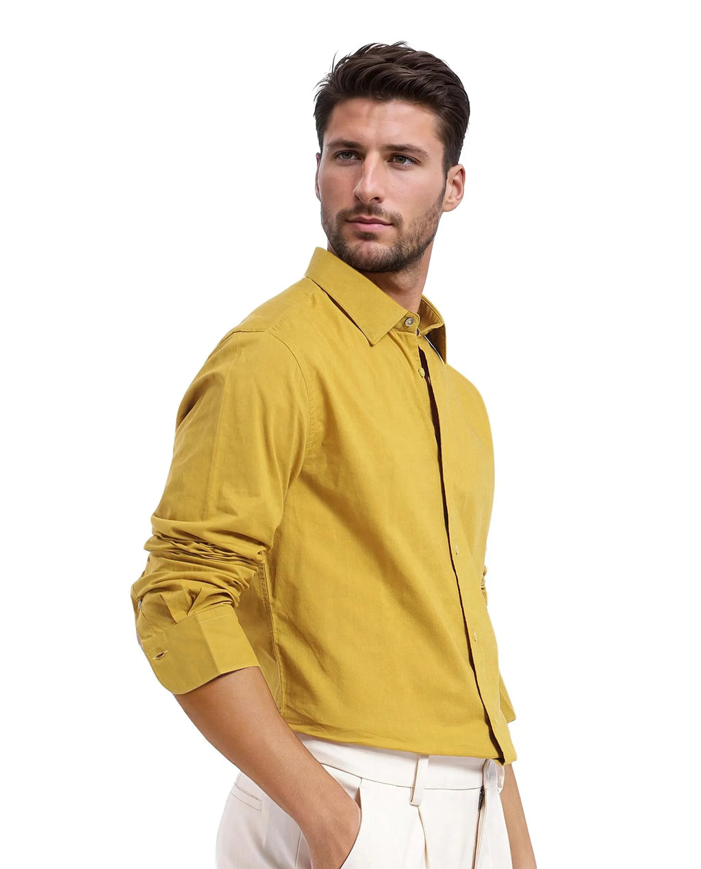 Rare Rabbit Men's Cambo-1 Mustard Cotton Plain Regular Fit Full Sleeve Collared Shirt