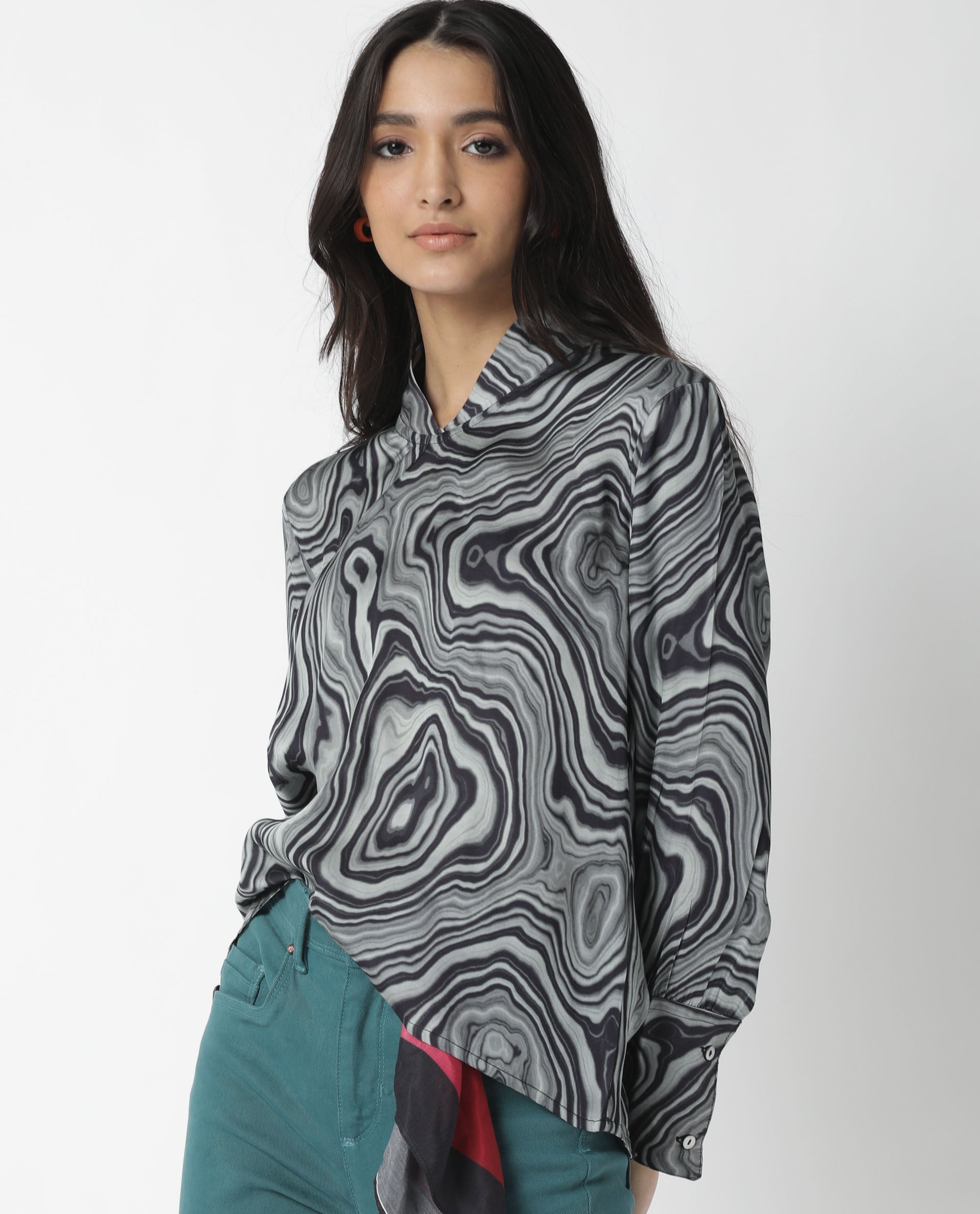 Rareism Womens Camp Black Top Modal Satin Fabric Regular Fit Cuffed Sleeve Mandarin Neck