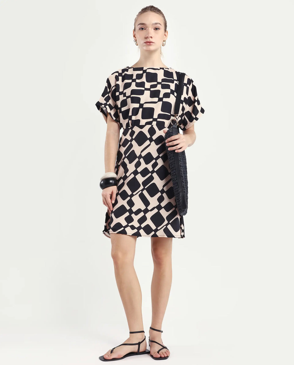 Rareism Women's Cancun Black Twill Boat Neck Geometric Print Extended Sleeves Mini Straight Fit Dress