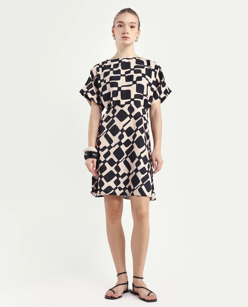 Rareism Women's Cancun Black Twill Boat Neck Geometric Print Extended Sleeves Mini Straight Fit Dress