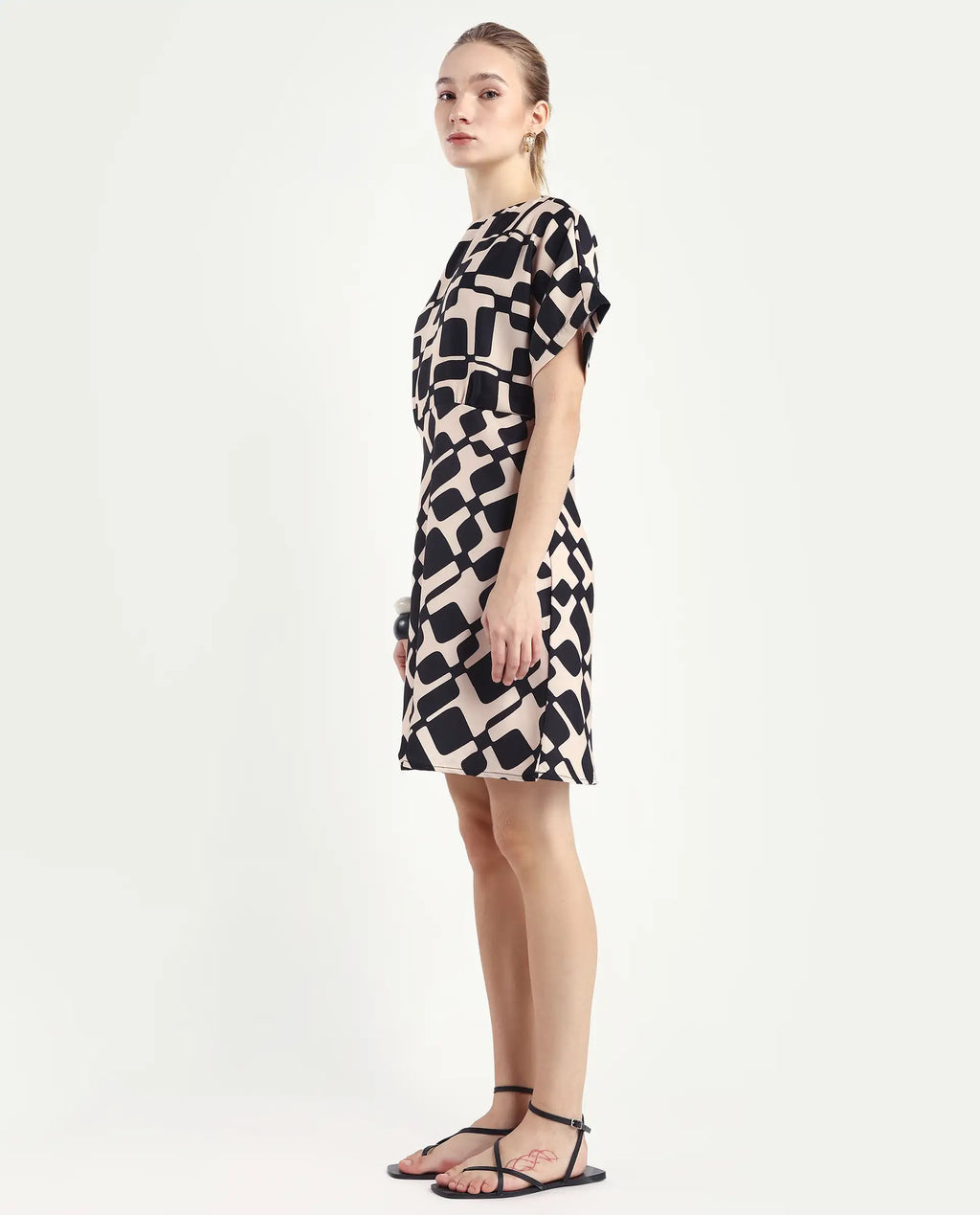 Rareism Women's Cancun Black Twill Boat Neck Geometric Print Extended Sleeves Mini Straight Fit Dress