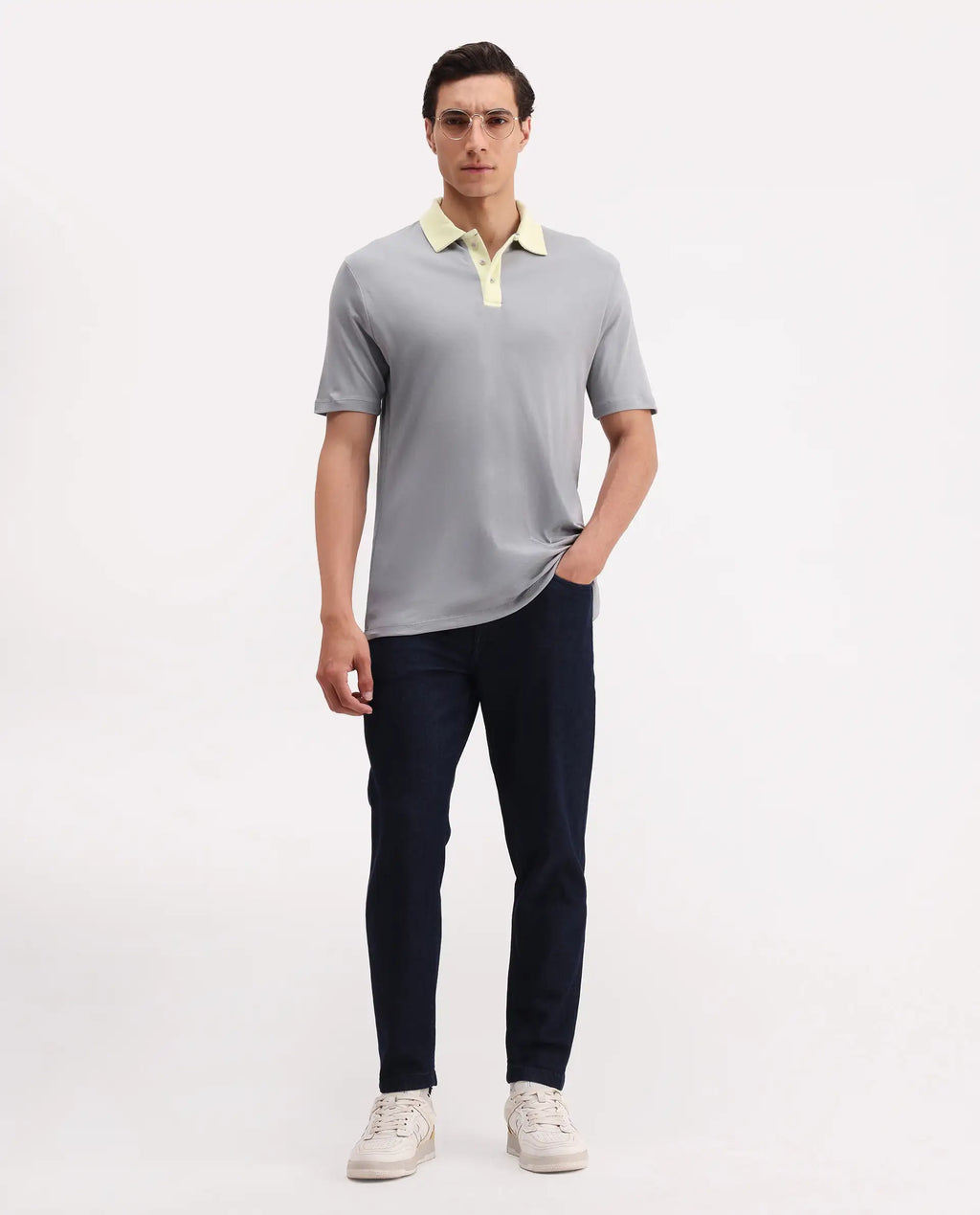 Rare Rabbit Men's Canot Grey Cotton Plain Regular Fit Half Sleeve Polo