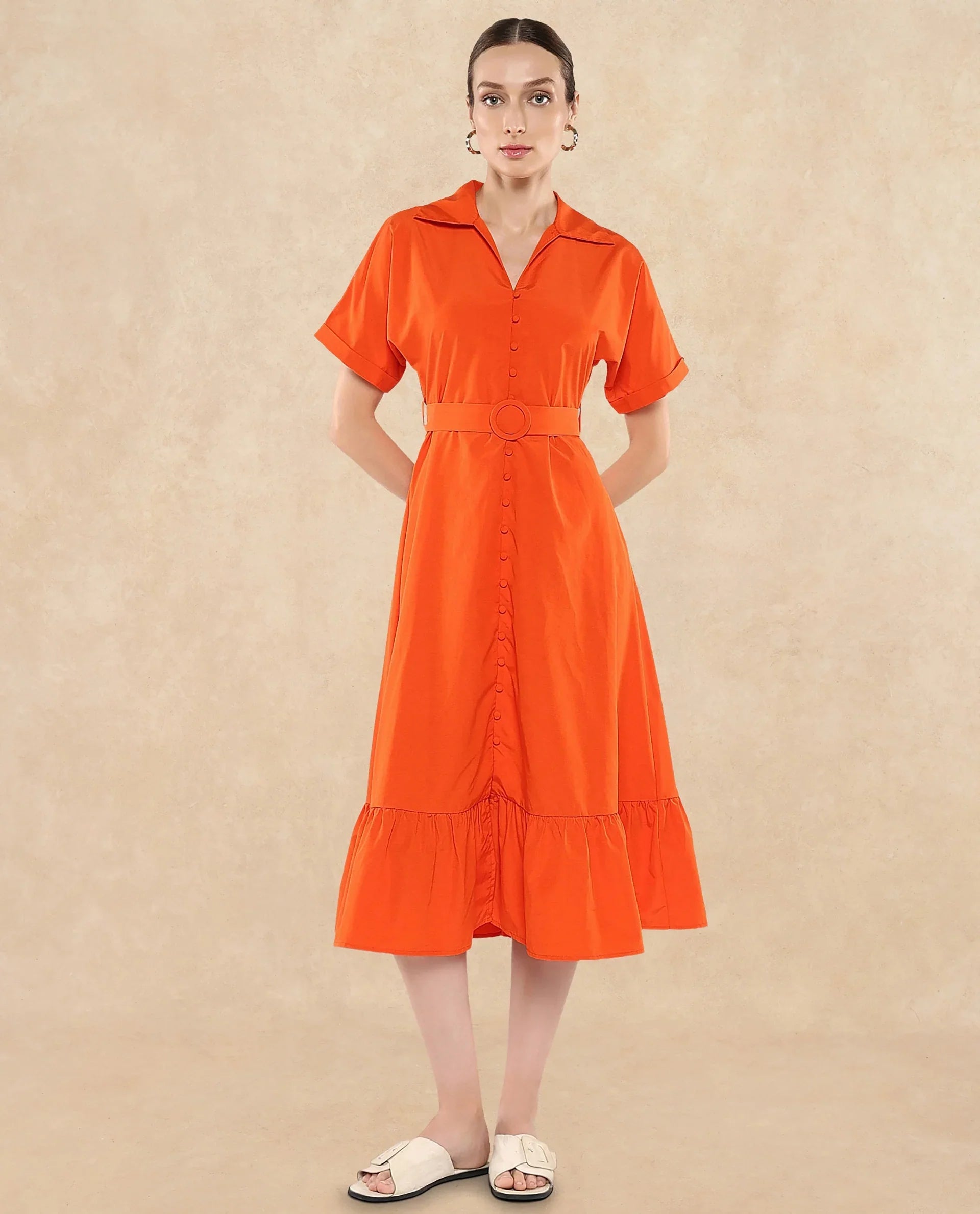 Rareism Women's Capetow Rust Cotton Johnny Collar Plain Extended Sleeves Midi A-Line Dress