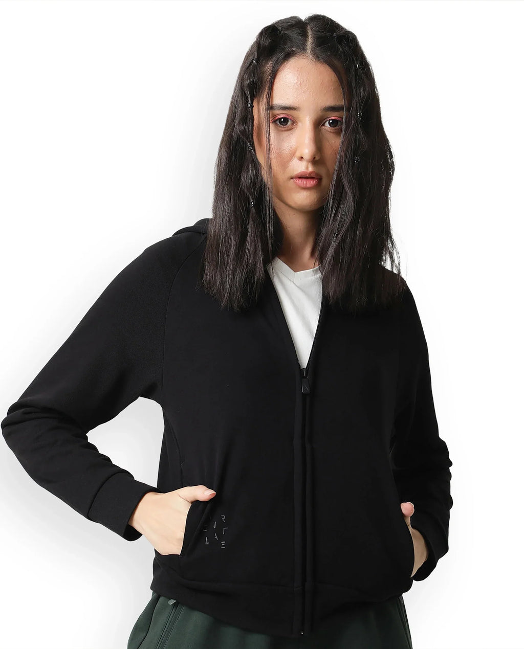 Rareism Women's Medium Weight Terry 290 Gsm Cotton Blend Hooded Plain Regular Fit Jacket