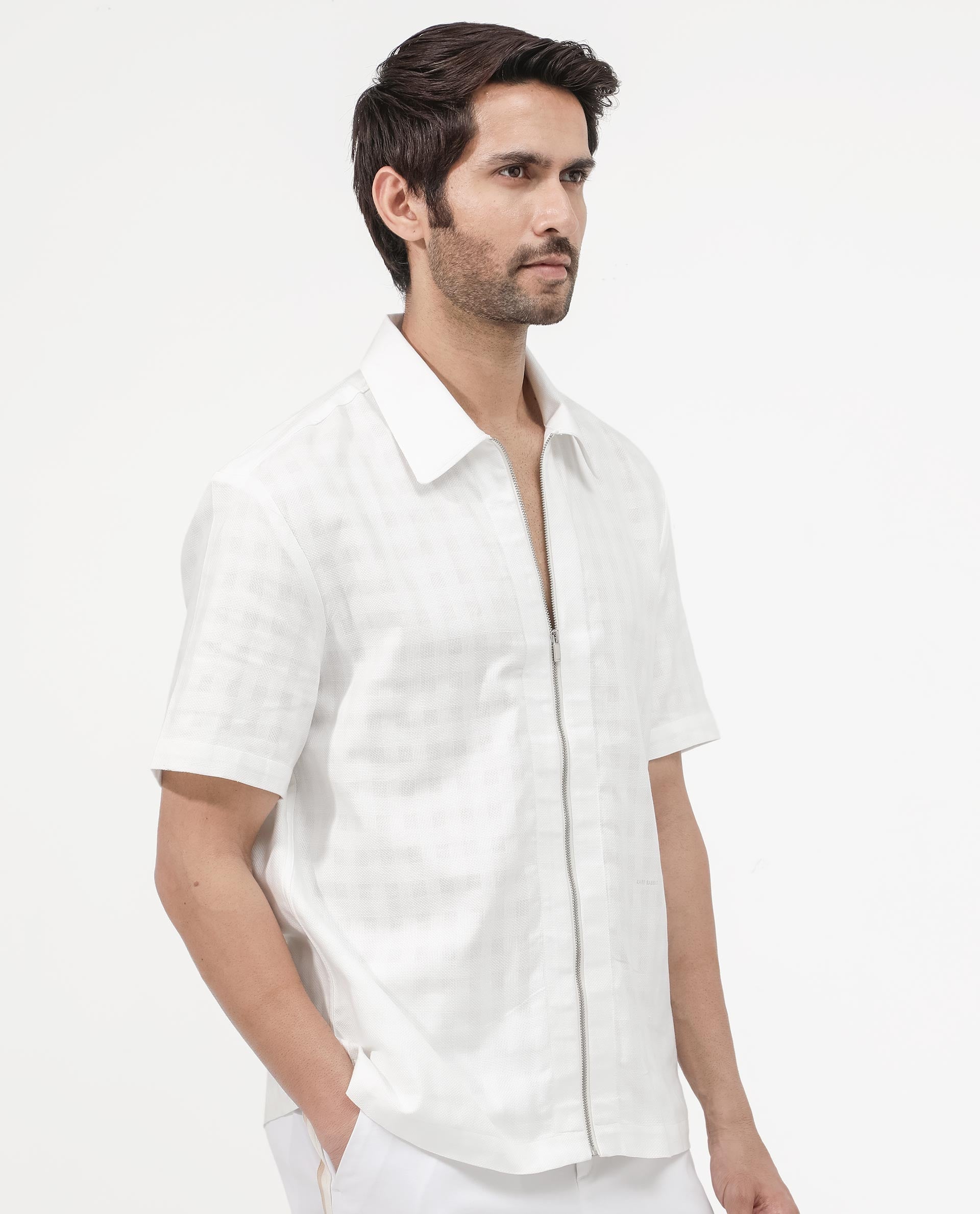 Rare Rabbit Men's Carmenz White Cotton Dobby Print Boxy Fit Half Sleeve Collared Shirt