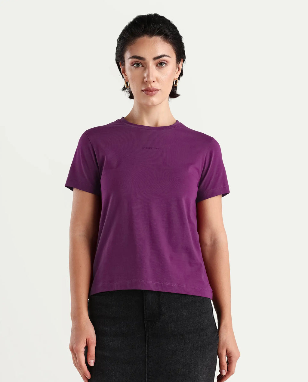 Rareism Women's Carob Dark Pink Linen Crew Neck Plain Regular Fit T-Shirt