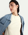 Rareism Women's Carob Off White Linen Crew Neck Typography Print Regular Fit T-Shirt
