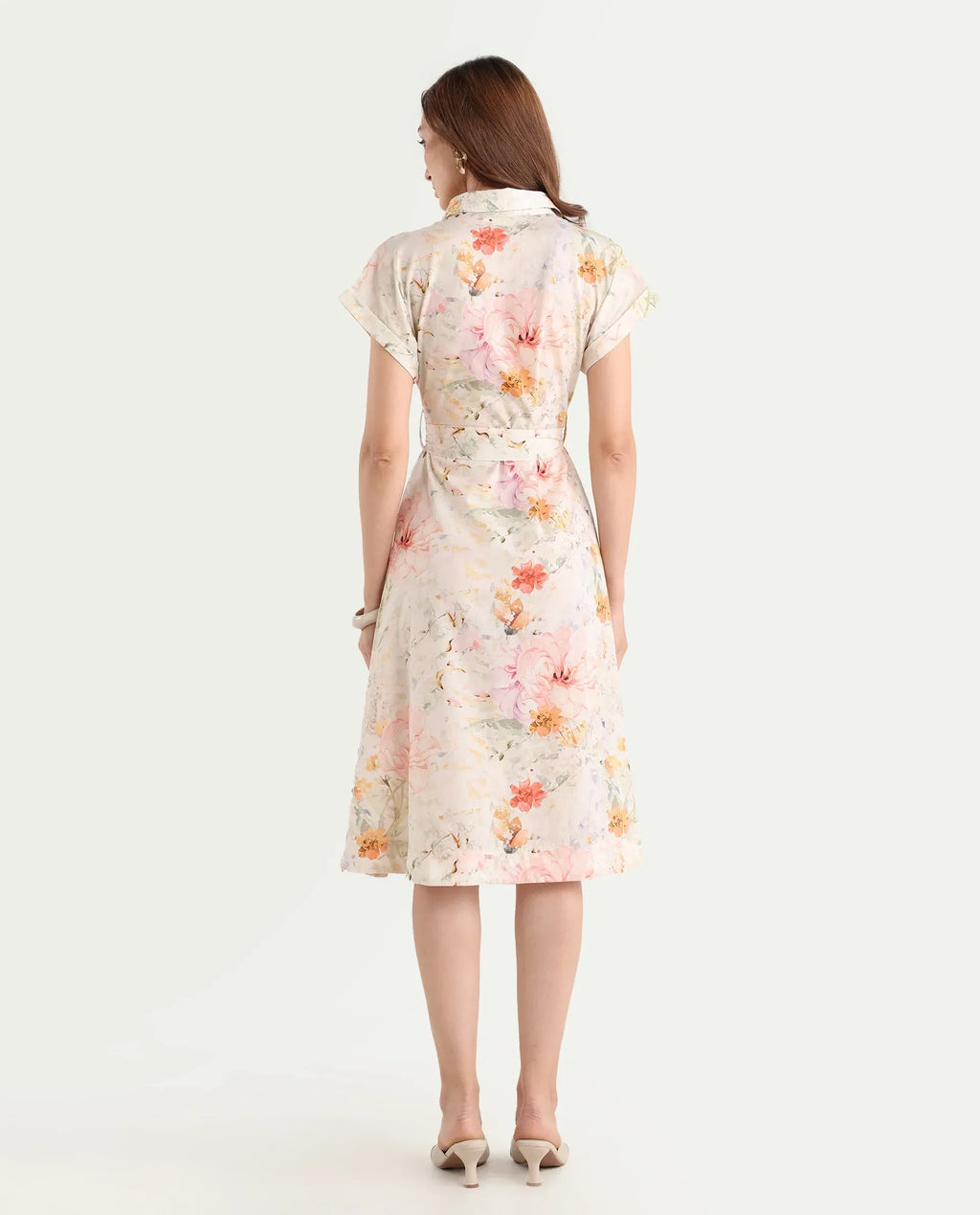 Rareism Women's Carpi Multi Cotton Drop Collar Floral Print Extended Sleeves Knee Length Regular Fit Dress