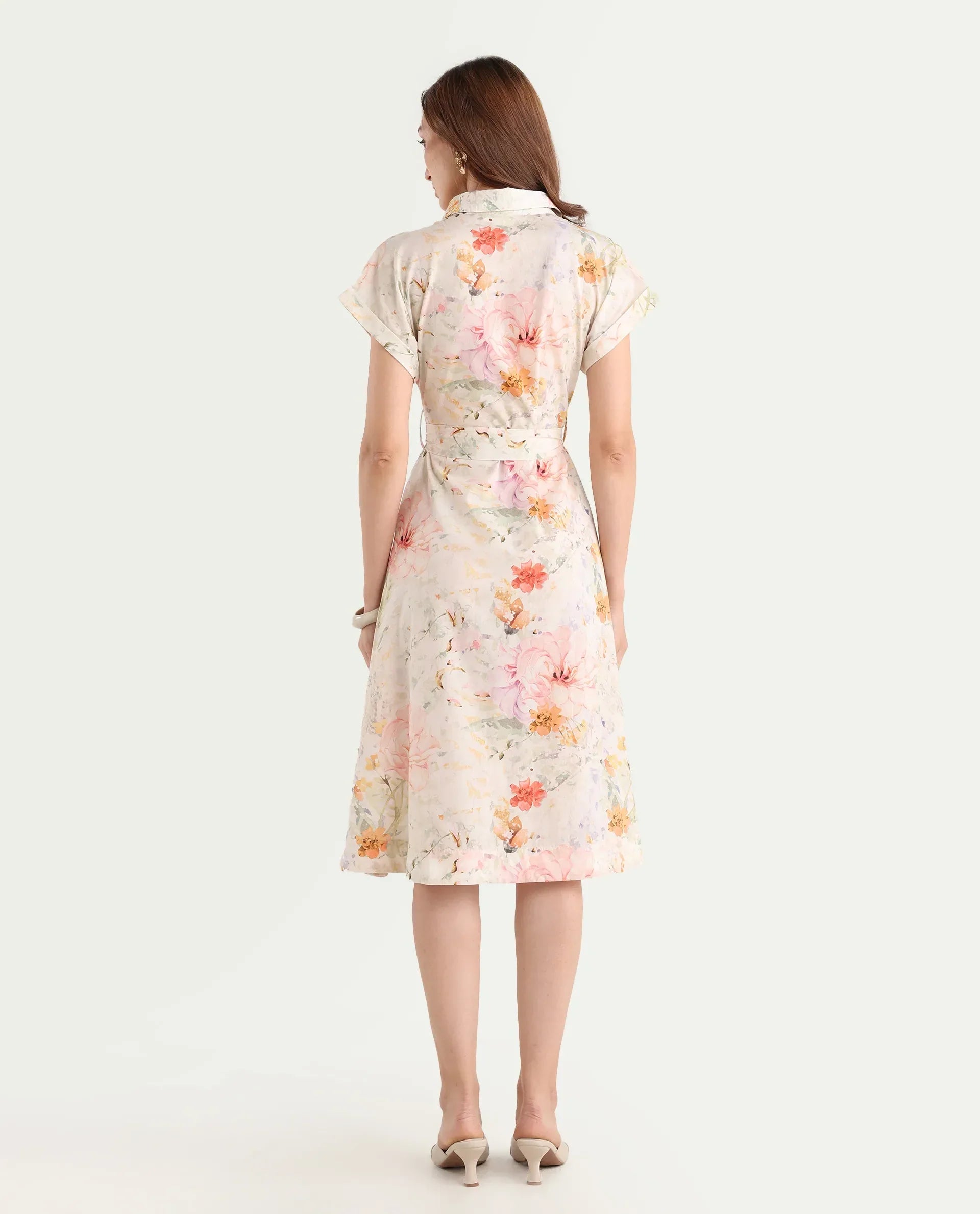 Rareism Women's Carpi Multi Cotton Drop Collar Floral Print Extended Sleeves Knee Length Regular Fit Dress