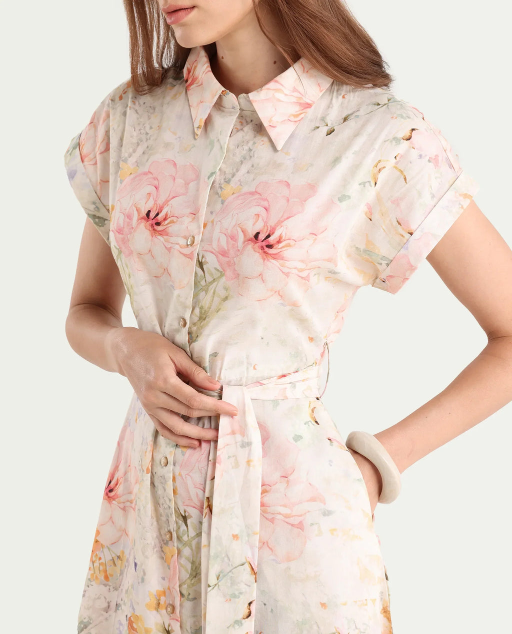 Rareism Women's Carpi Multi Cotton Drop Collar Floral Print Extended Sleeves Knee Length Regular Fit Dress