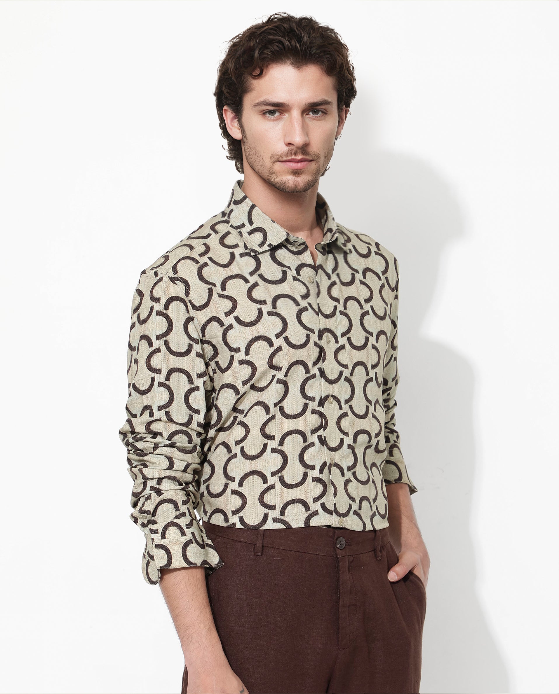 Rare Rabbit Men's Cason Beige Viscose Geometric Print Regular Fit Full Sleeve Collared Shirt