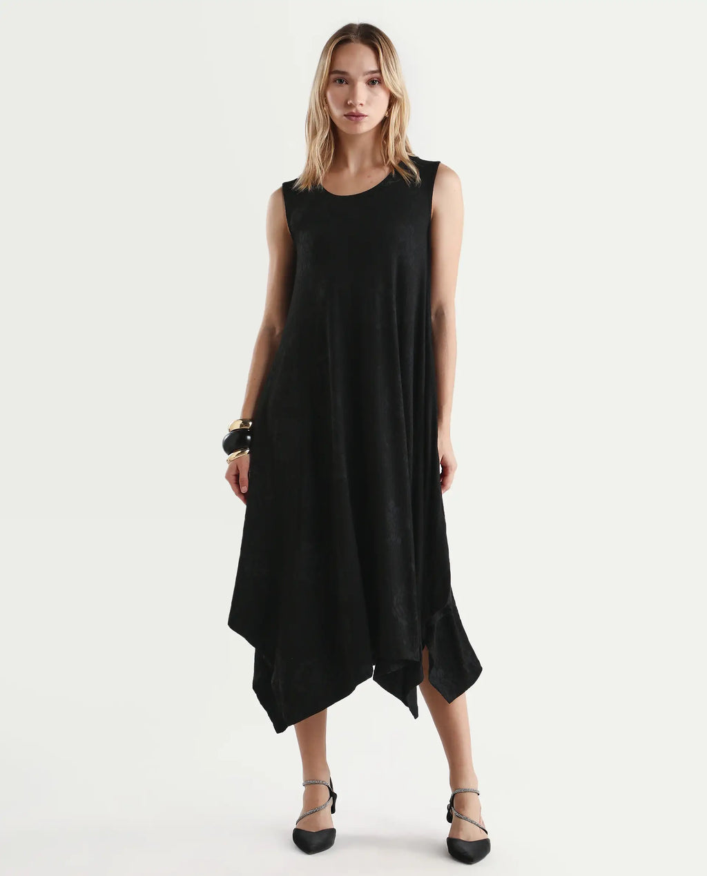 Rareism Women's Cassidy Black Polyester Blend Crew Neck Plain Sleeveless Midi Flared Dress