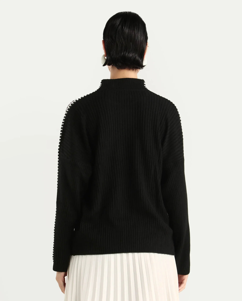 Rareism Women's Cassiopiea Black Acrylic High Neck Plain Relaxed Fit Sweater