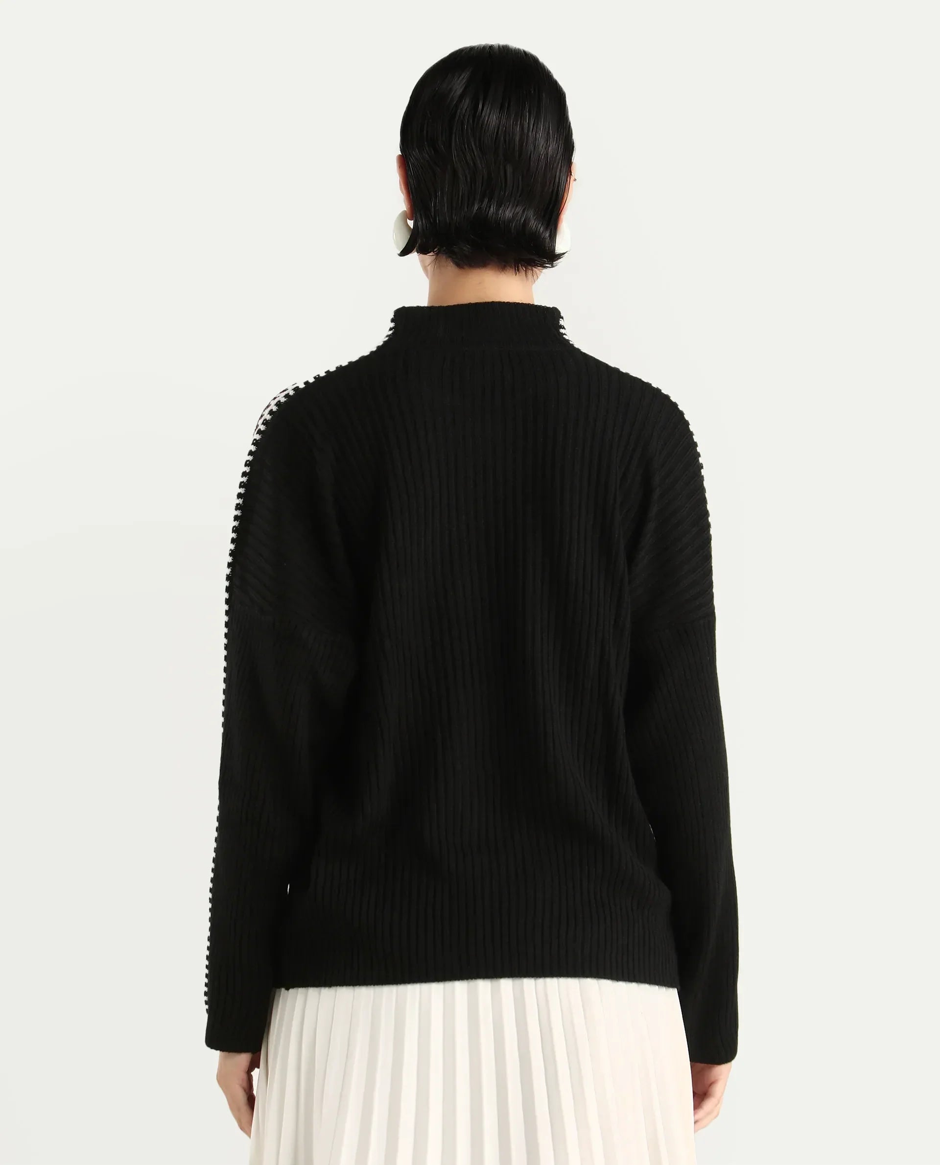Rareism Women's Cassiopiea Black Acrylic High Neck Plain Relaxed Fit Sweater
