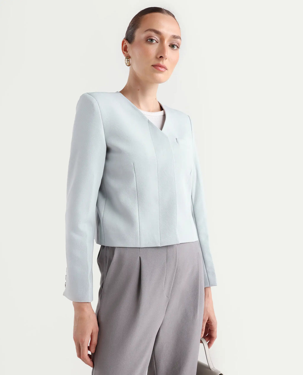 Rareism Women's Castlei Light Grey V-Neck Plain Regular Fit Jacket