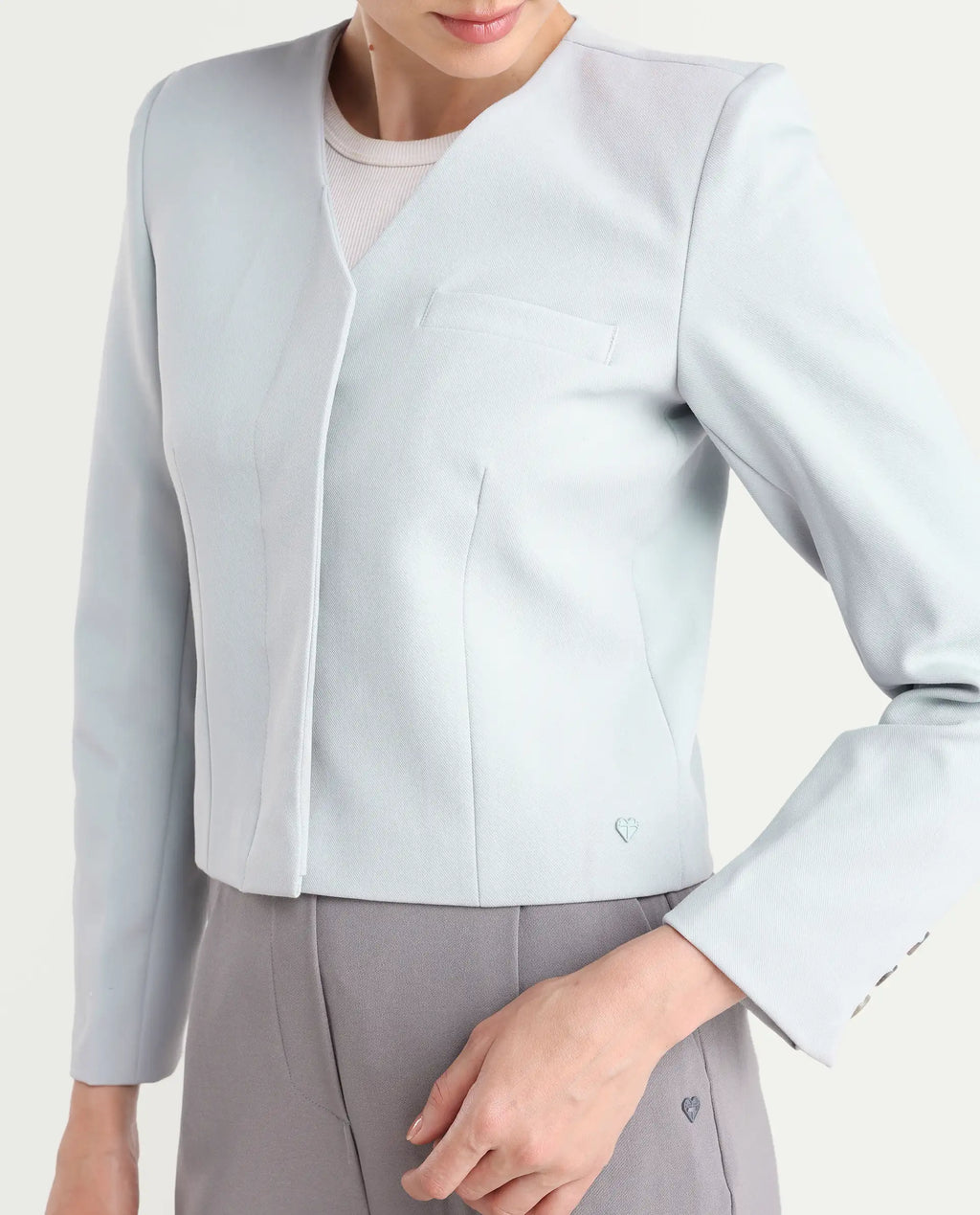 Rareism Women's Castlei Light Grey V-Neck Plain Regular Fit Jacket