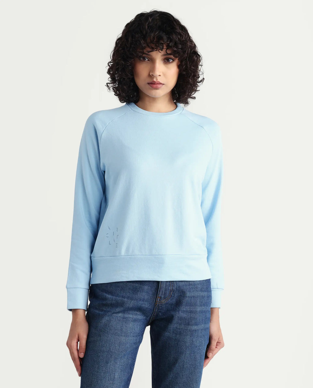 Rareism Women's Medium Weight Terry 290 Gsm Cotton Blend Crew Neck Plain Cuffed Sleeve Relaxed Fit Sweatshirt