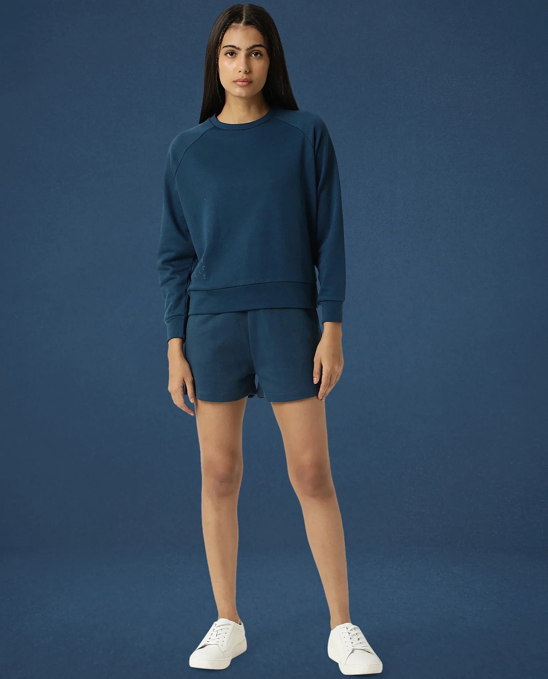 Rareism Women's Medium Weight Terry 290 Gsm Cotton Blend Crew Neck Plain Cuffed Sleeve Relaxed Fit Sweatshirt