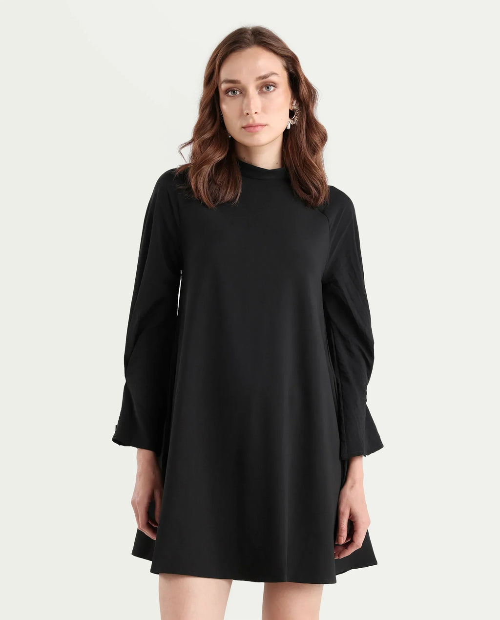 Rareism Women's Cayman Black Cotton Blend High Neck Plain Fashion Sleeve Mini Straight Fit Dress