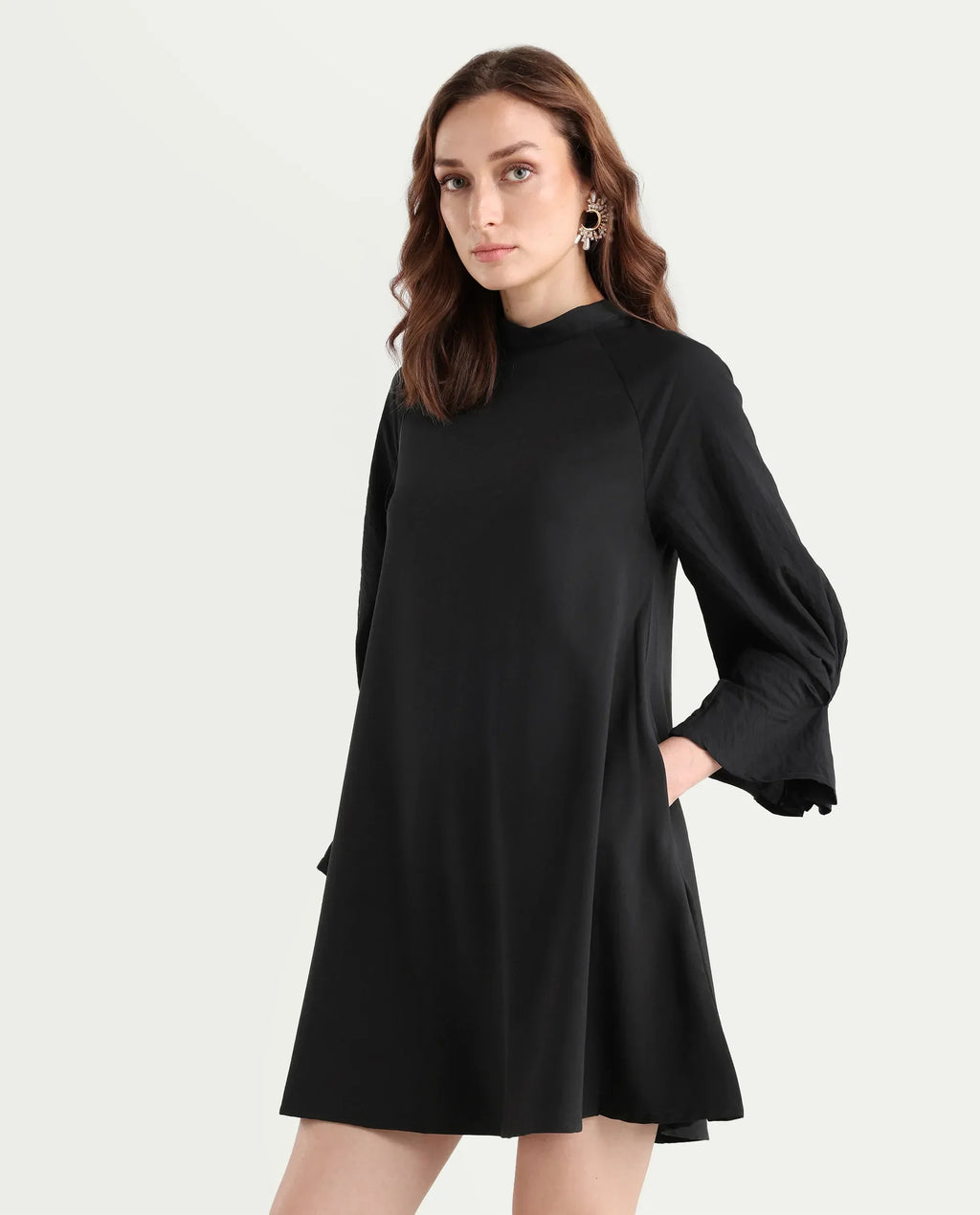 Rareism Women's Cayman Black Cotton Blend High Neck Plain Fashion Sleeve Mini Straight Fit Dress